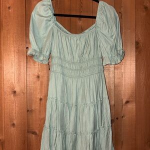 Light Green Puff Sleeve Tiered Mini Dress